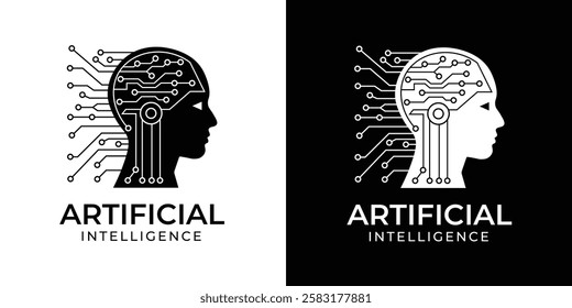 
Futuristic artificial intelligence brain logo design, minimalist black and white vector illustration of digital circuit brain for technology, innovation, machine learning, robotics, and AI branding