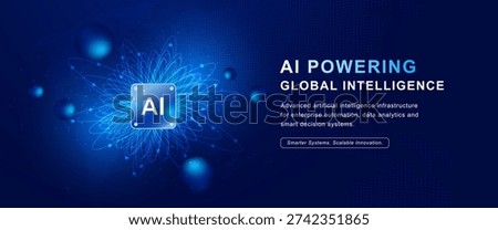 Futuristic artificial intelligence concept with AI chip and glowing data orbit lines over global world map. Digital network, machine learning and enterprise automation technology background.