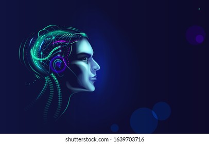 Futuristic artificial intelligence concept. Brain with neural network thinks background Cyber mind design. Machine humanoid head learning processing big data.