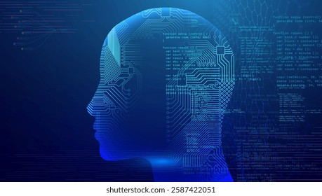 Futuristic artificial intelligence concept, digital human head of glowing circuit board patterns and programming code on blue cyber background. Machine learning, neural networks, and AI technology.