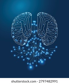 Futuristic artificial intelligence concept featuring a human brain integrated with glowing digital circuits and neural network connections. Symbolizing machine learning, deep learning, big data, innovation, automation, and advanced AI technology on a blue background.