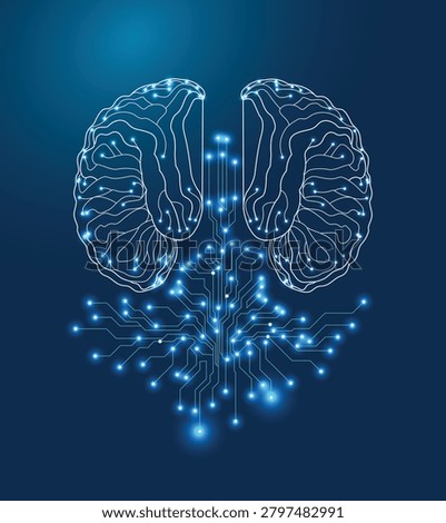 Futuristic artificial intelligence concept featuring a human brain integrated with glowing digital circuits and neural network connections. Symbolizing machine learning, deep learning, big data, innovation, automation, and advanced AI technology on a blue background.