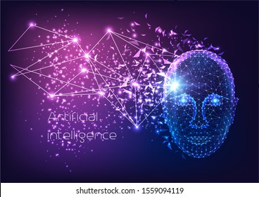 Futuristic artificial intelligence concept with glowing low polygonal human male face, lines, stars, light particles, triangles on dark blue to purple background. Modern wire frame mesh design vector.