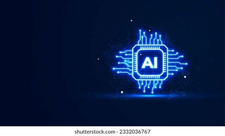 Futuristic artificial intelligence concept in the neon light style. Digital technology background. Glowing AI chipset processor with plexus lines and glitter particles.