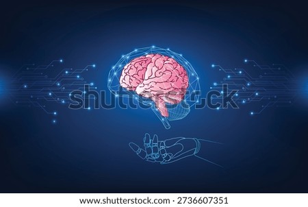 Futuristic artificial intelligence concept showing a human brain connected to digital circuits and a robotic hand, representing AI, neural networks, and advanced technology.