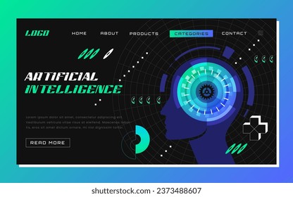 Futuristic artificial intelligence in data analysis concept. Machine learning landing page. Web banner design with ai cyber face profile. Website template of digital innovation and ai technology.