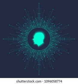 Futuristic Artificial Intelligence and Machine Learning Concept.. Human Big Data Visualization. Wave Flow Communication, Scientific vector illustration
