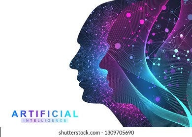 Futuristic Artificial Intelligence and Machine Learning Concept.. Human Big Data Visualization. Wave Flow Communication, Scientific vector illustration