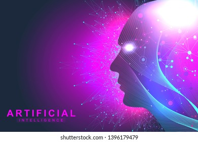 Futuristic Artificial Intelligence and Machine Learning Concept. Human Big Data Visualization. Wave Flow Communication, Scientific vector illustration