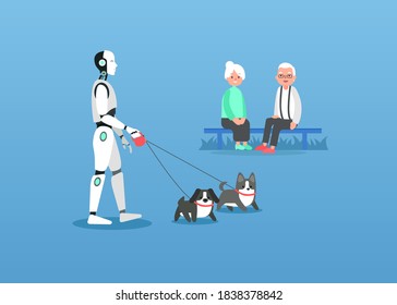 Futuristic artificial intelligence supporting pensioners with walking dogs outside. Art illustration of cyborg assistant.