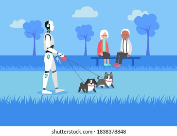 Inteligencia artificial futurista apoyando a pensionistas con perros que caminan afuera. Ilustración artística del asistente de ciborg.