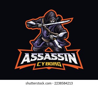 Futuristisches Assassin-Maskottlogo-Design. Sci-fi Assassin Cyborg Vektorgrafik. Logo-Illustration für Maskottchen oder Symbole und Identität, Emblem-Sport- oder E-Sport-Gaming-Team