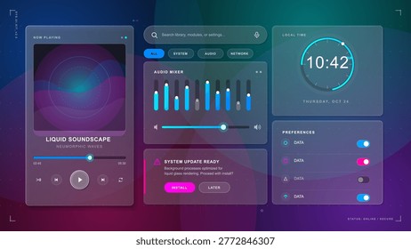 Futuristic audio interface dashboard with liquid soundscape player, mixer sliders, clock, preferences toggles, and update panel on dark gradient.