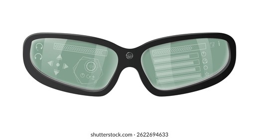 Futuristic augmented reality glasses displaying control buttons, audio player interface, and other interactive elements, showcasing the potential of wearable technology