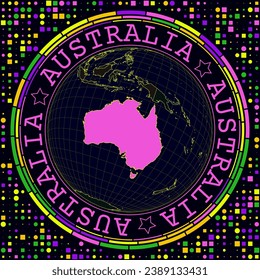 Futuristic Australia on globe. Bright neon satellite view of the world centered to Australia. Geographical illustration with shape of country and geometric background. Elegant vector illustration.