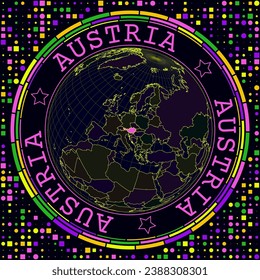 Futuristic Austria on globe. Bright neon satellite view of the world centered on Austria. Geographical illustration with the shape of the country and geometric background. Creative vector illustration.