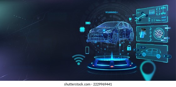 Futuristic auto service station with 3D smart car and HUD interface. Scan and Maintenance Automobile in 3D visualisation hologram. Hi-tech Car Service. 3D Polygonal Smart automobile. Vector car banner