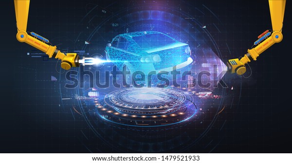 Futuristic Automated\
robotic arm on the Car production line is welding body on\
automobile factory. Auto body welding android hand. Futuristic car\
in style HUD, GUI. 3d illustration\
