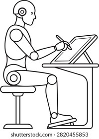 Futuristic automation concept featuring humanoid droid using electronic device. Simple line art technical illustration.