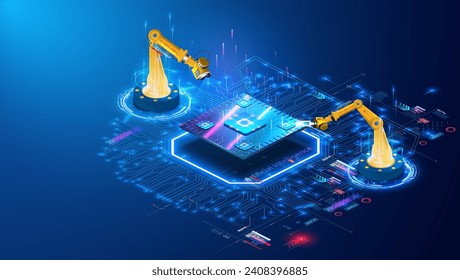 Concepto de tecnología de automatización futurista con brazos robóticos y chip de CPU en el fondo de red digital. Robot industrial coloca componentes electrónicos en una placa de circuito electrónico. Ilustración del vector