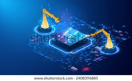 Futuristic Automation Technology Concept with Robotic Arms and CPU Chip on Digital Network Background. Industrial robot places electronic components on an electronic circuit board. Vector illustration