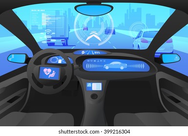Futuristic automobile cockpit, various information monitors and head up displays. Driverless vehicle. driver assistance system, ACC(Adaptive Cruise Control),  vector illustration