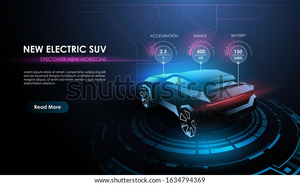 Futuristic automotive\
technology. Electric car at charging station from lines, mesh and\
low poly style design. Automotive template for your web, print,\
marketing\
advertising.