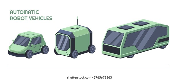 Futuristic autonomous robotic vehicles set in flat vector style, smart transport concept