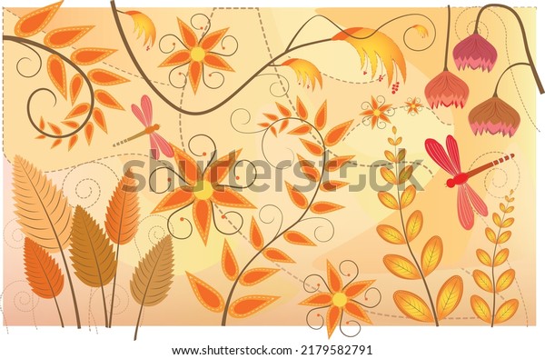 futuristic autumn fall background in yellow, orange colors. flowers leaves and bushes