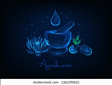 Concepto de centro de ayurveda futurista con mortero poligonal bajo brillante, gota de aceite esencial, flor de loto y pastillas de hierbas en fondo azul oscuro. Ilustración vectorial de diseño de modelo alambrado moderno.