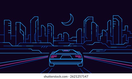 Futuristic back view car driving on straight road in cyberpunk outline city at night illustration.