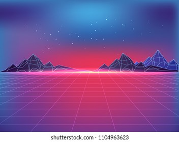 Futuristic backdrop in 80s style with cosmic motif. Grid on floor flat surface, rocky mountains at horizon and starry night sky vector illustration.