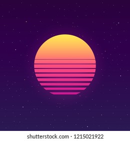 Futuristic background the 80`s. New retro wave. Cyberpunk. Retro sun. Vector illustration.