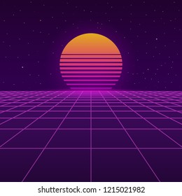 Futuristic background the 80`s. New retro wave. Cyberpunk. Sunset sun on retro cyber surface. Vector illustration.