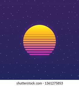 Futuristic background the 80`s with noise. Cyberpunk style sun. New retro wave. Vector illustration.