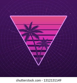Futuristic background the 80's. Sunset palm in style retrowave. Cyberpunk. Vector illustration.