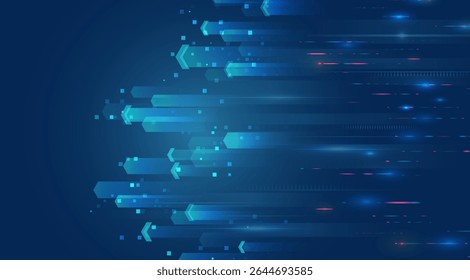 Futuristic background with arrows on the horizon and digital elements symbolizing growth, development and technology. Ideal for business presentations, banners and IT design.