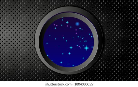Futuristic background. Black perforated metal background and round window. Space from a spaceship window. Vector EPS10