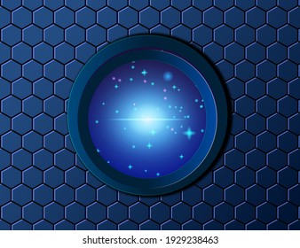 Fondo futurista. Fondo de metal perforado negro y ventana redonda. Espacio desde el ojo de buceo en nave espacial. EPS10 vectores