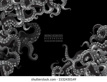 Futuristic background with black and white tentacles of an octopus frame, ocean motive flat cute cartoon illustration for web and print, cute decoration. 