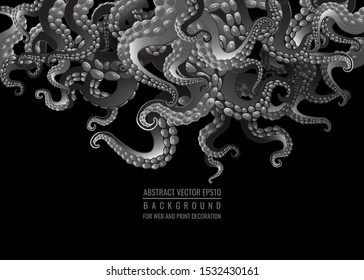 Futuristic background with black and white tentacles of an octopus frame, ocean motive flat cute cartoon illustration for web and print, cute decoration. 