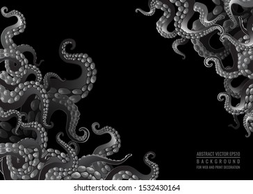 Futuristic background with black and white tentacles of an octopus frame, ocean motive flat cute cartoon illustration for web and print, cute decoration. 