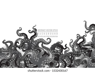 Futuristic background with black and white tentacles of an octopus frame, ocean motive flat cute cartoon illustration for web and print, cute decoration. 