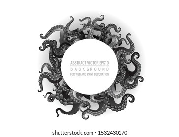 Futuristic background with black and white tentacles of an octopus frame, ocean motive flat cute cartoon illustration for web and print, cute decoration. 