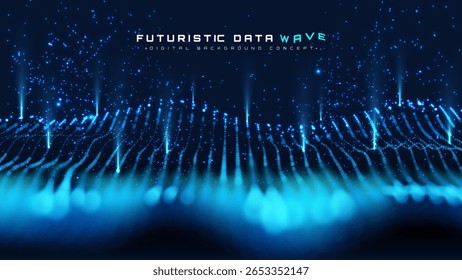 Fondo futurista con Elementos de partículas de resplandor azul. Tecnología de red digital y diseño de flujo de datos. Ilustración vectorial.