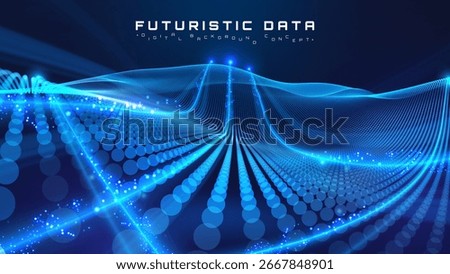 Futuristic background with blue particle glow wave elements and line neon motion. Digital network technology and data flow design. Vector illustration.