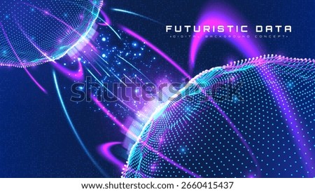 Futuristic background with blue particle glowing elements and pink. Digital network technology and data city flow design. Vector illustration.