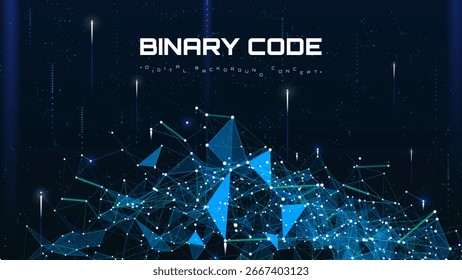 Plano de fundo futurista com polígono azul brilhante e elementos de código binário. Tecnologia de rede digital e design de fluxo de dados. Ilustração vetorial.