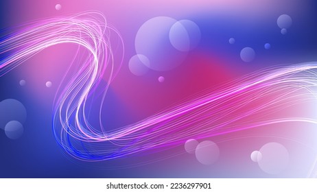 Fondo futurista con colores rosa azul. Líneas onduladas entrelazadas, círculos traslúcidos de diferentes tamaños, mezcla de colores. Una hermosa ilustración para sus proyectos. Vector. 
