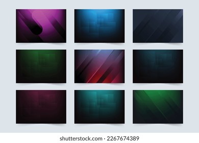 Futuristic background bundle decoration with colorful abstract shapes. Modern backdrop texture set design with empty space. Editable dark background texture collection for multiple uses.